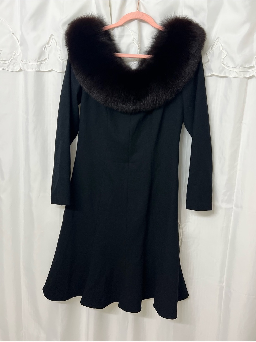 Vintage Lilli Ann Black Dress Genuine Fox Fur Collar Fit Flare USA